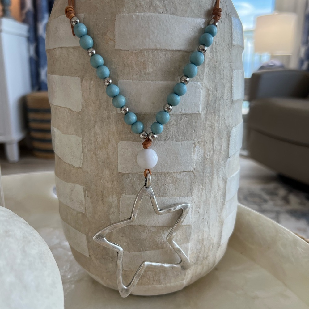Silver Star Pendant Necklace with Blue Beads